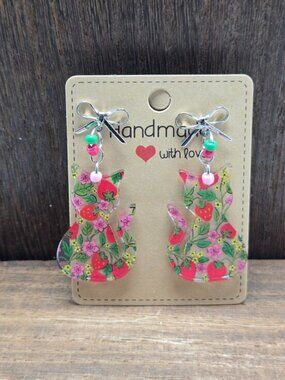 NWT Bow Floral Cat Earrings Pierced Acrylic Glass Beads Figural Dangle Drop OOAK